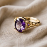 Artisan Carved Amethyst and Gold Bohemian Ring