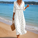 Soft Summer Midi Dress with Small Blue Flowers