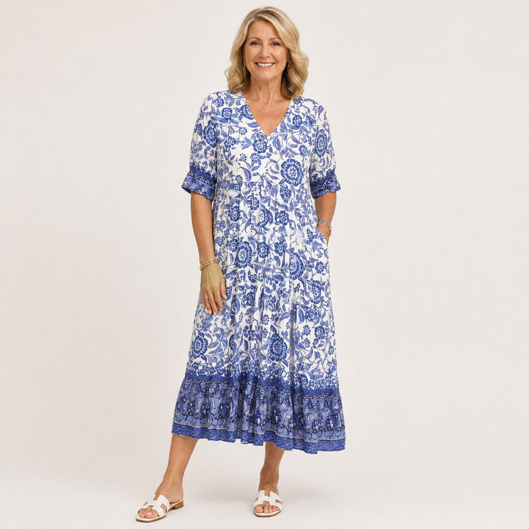 PATRICIA | GRACEFUL FLORAL V-NECK MIDI DRESS