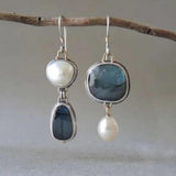 Retro Blue Stone and Pearl Earrings