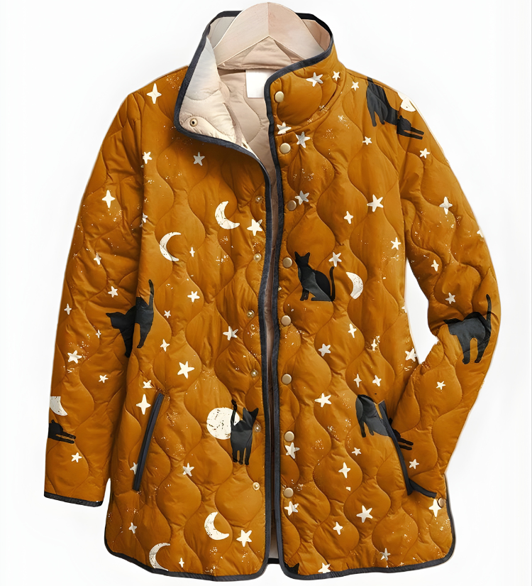 Maya™ | Black Quilted Jacket with Cat Pattern