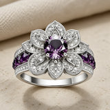 Silver Ring with Purple Lotus Design