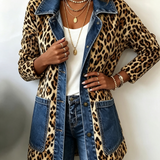 Fablenne | Leopard Print Denim Panel Contrast Longline Jacket
