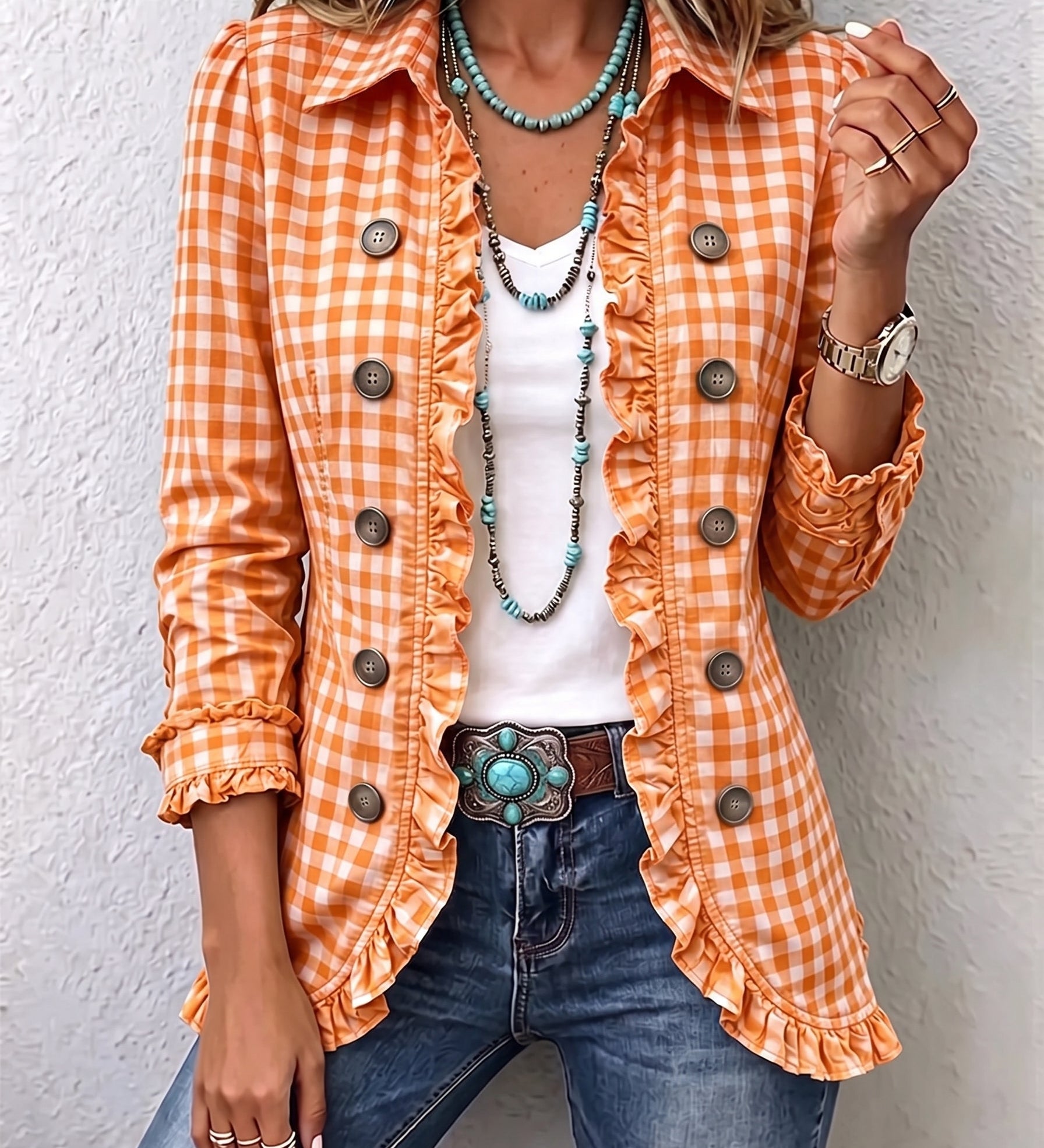 Charlene | Gingham Ruffled Button Down Jacket