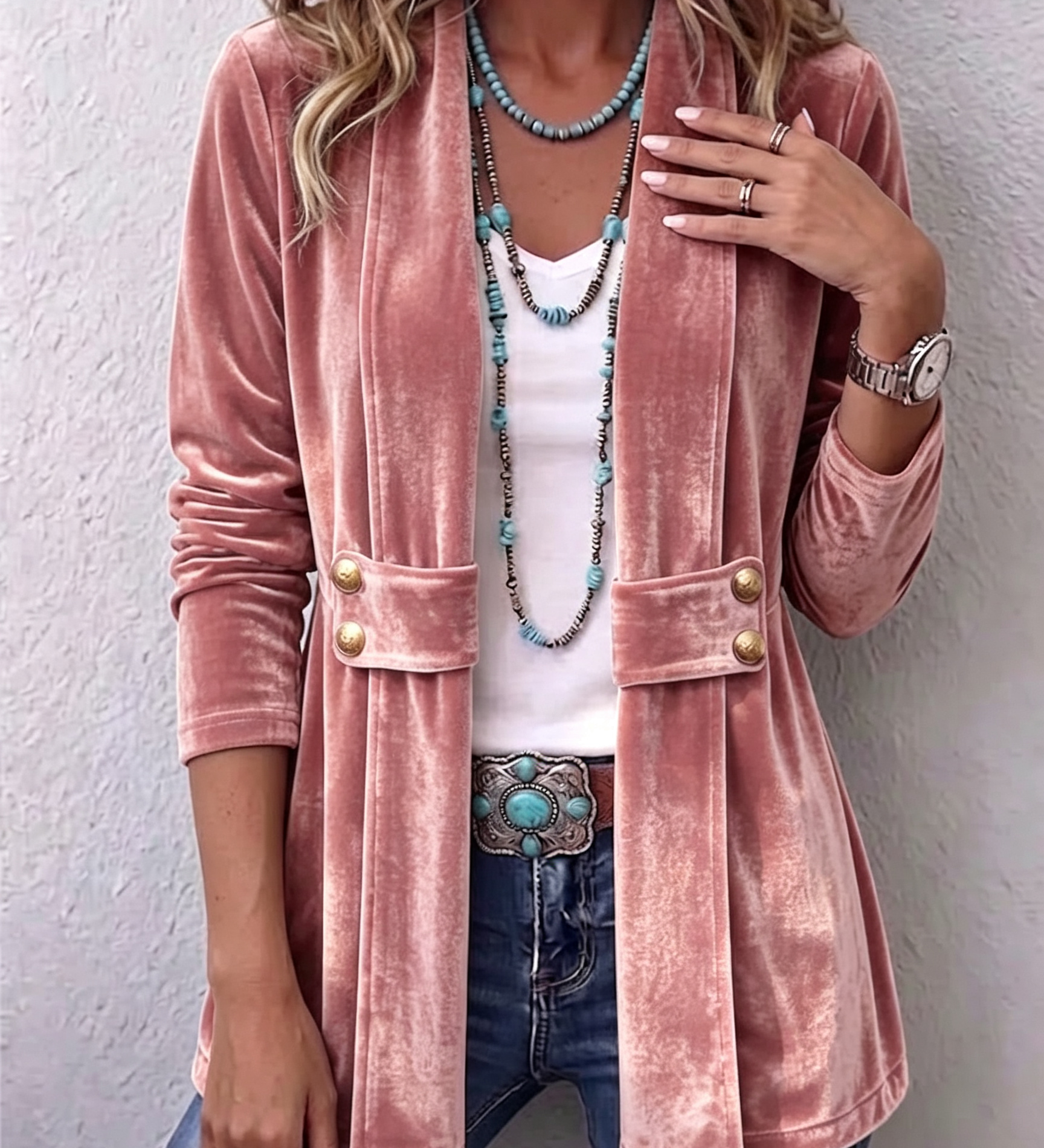 Holliwell | Vintage Lapel Button Accent Long Sleeve Open Front Jacket