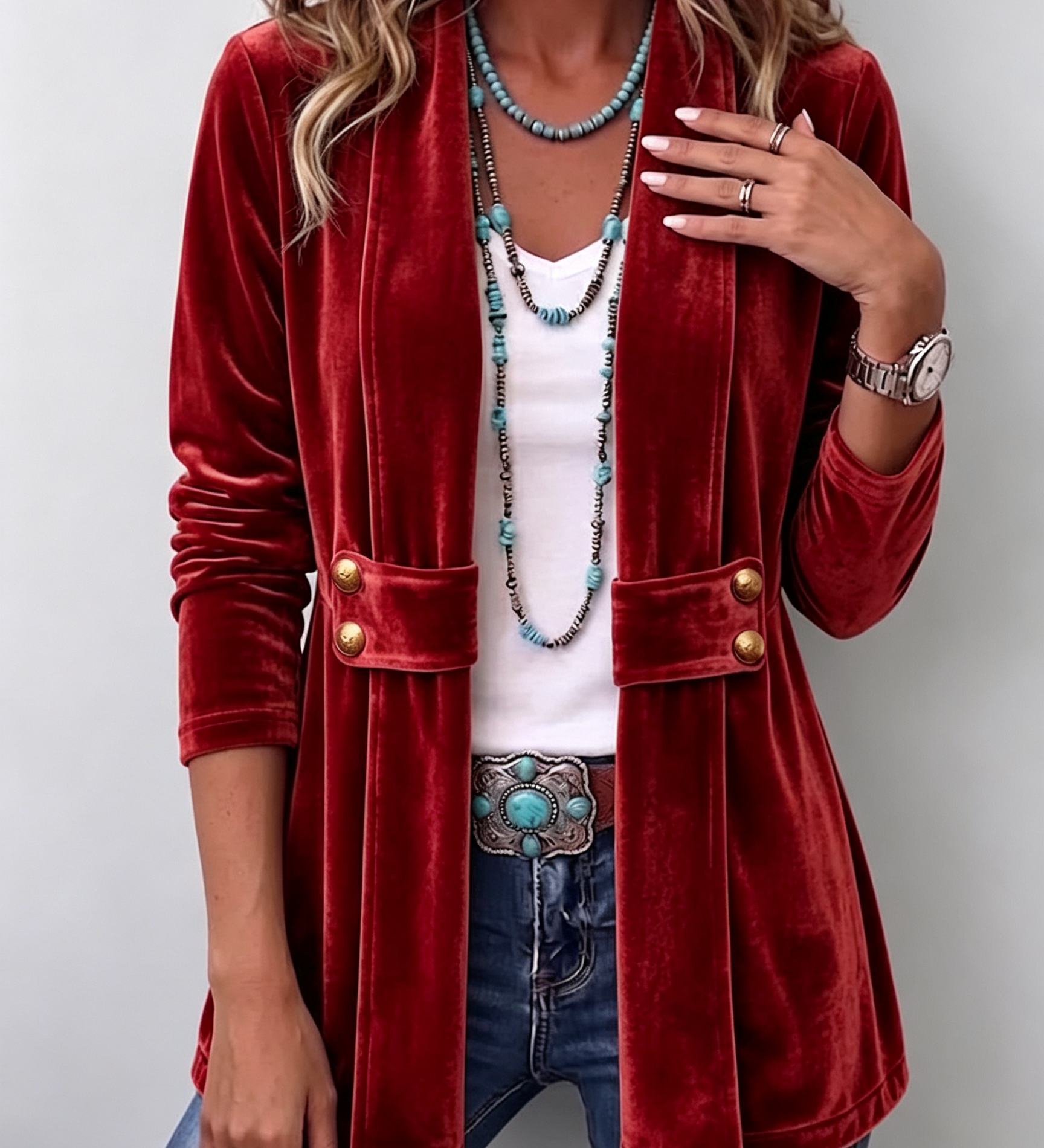 Holliwell | Vintage Lapel Button Accent Long Sleeve Open Front Jacket