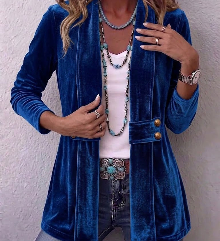 Holliwell | Vintage Lapel Button Accent Long Sleeve Open Front Jacket