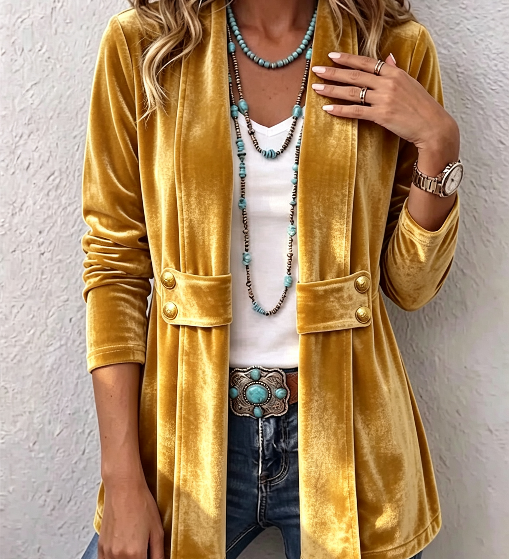 Holliwell | Vintage Lapel Button Accent Long Sleeve Open Front Jacket