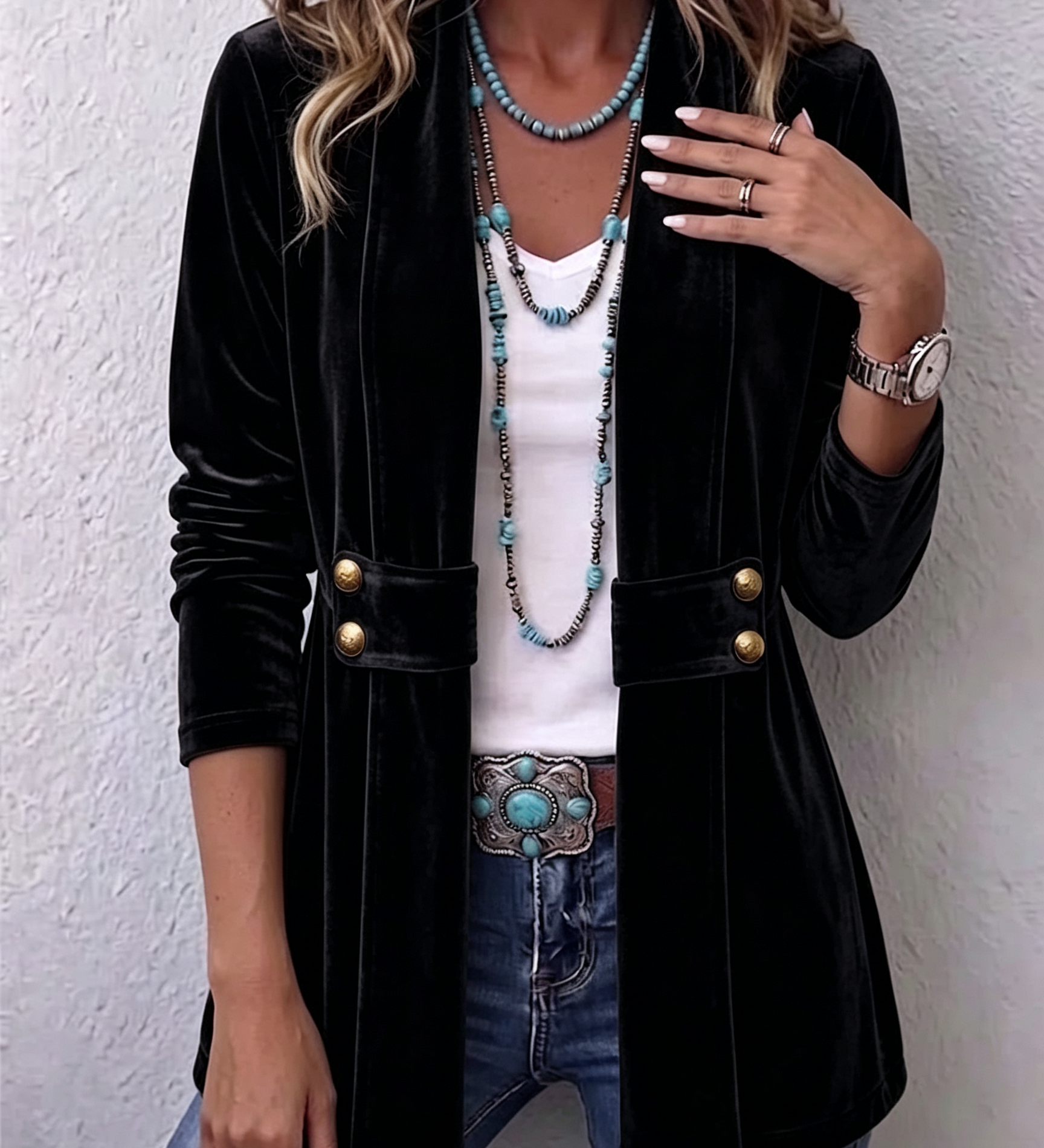 Holliwell | Vintage Lapel Button Accent Long Sleeve Open Front Jacket