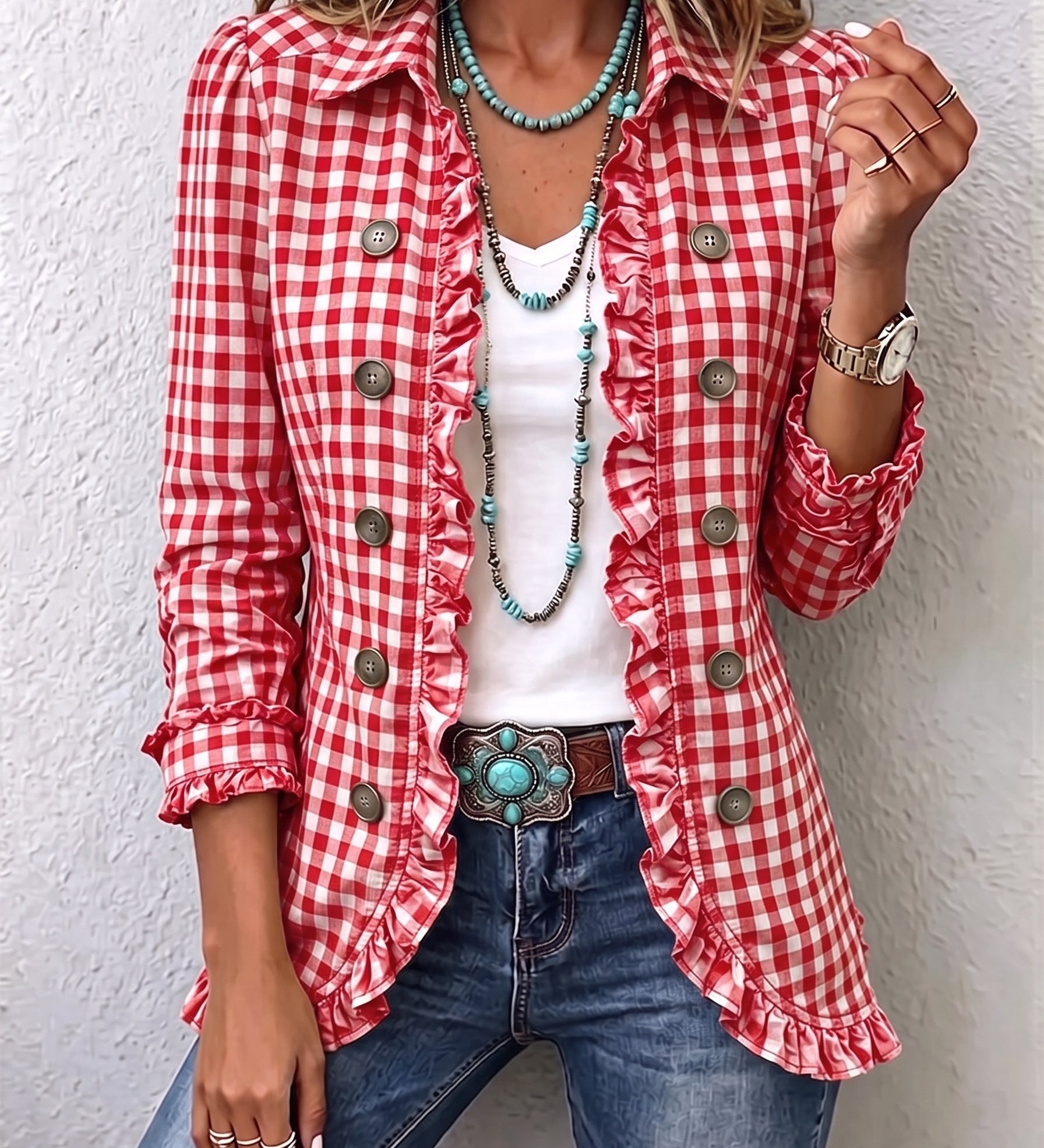 Charlene | Gingham Ruffled Button Down Jacket