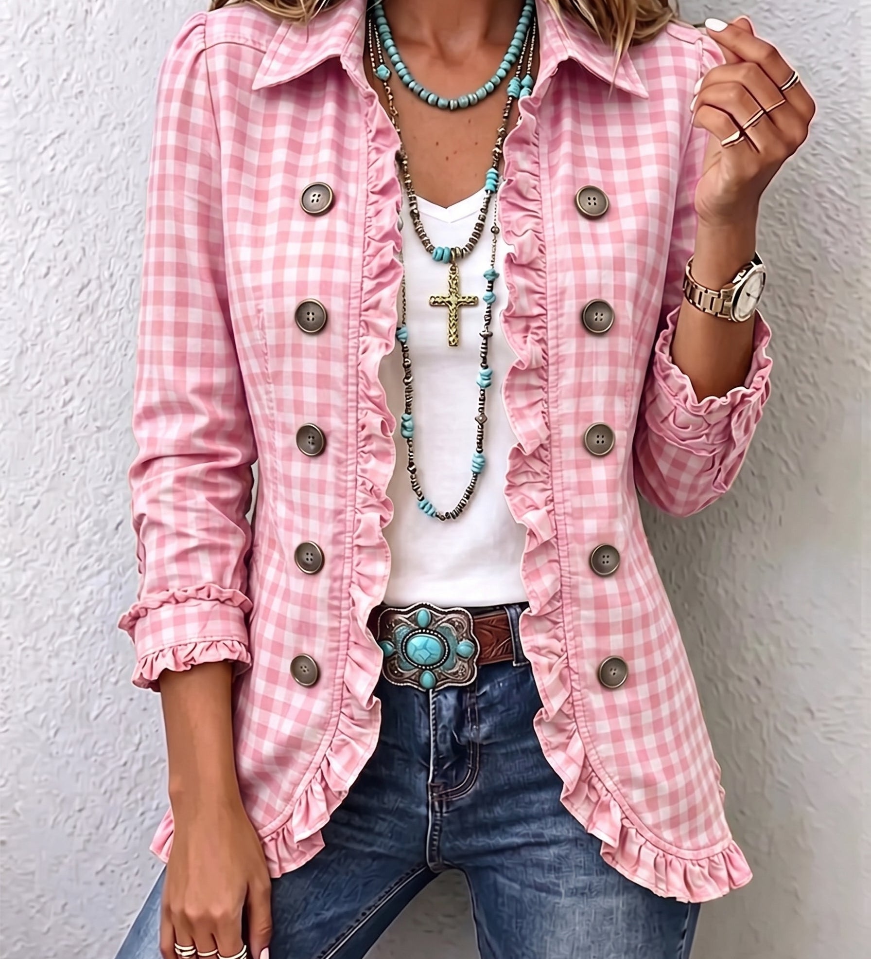 Charlene | Gingham Ruffled Button Down Jacket