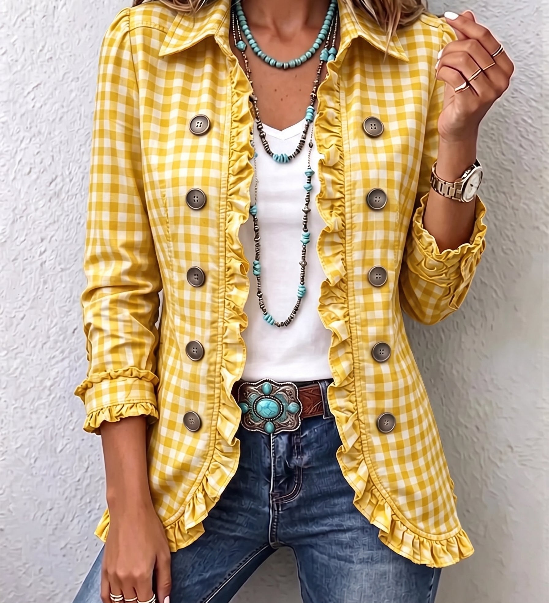 Charlene | Gingham Ruffled Button Down Jacket