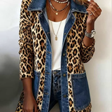 Fablenne | Leopard Print Denim Panel Contrast Longline Jacket